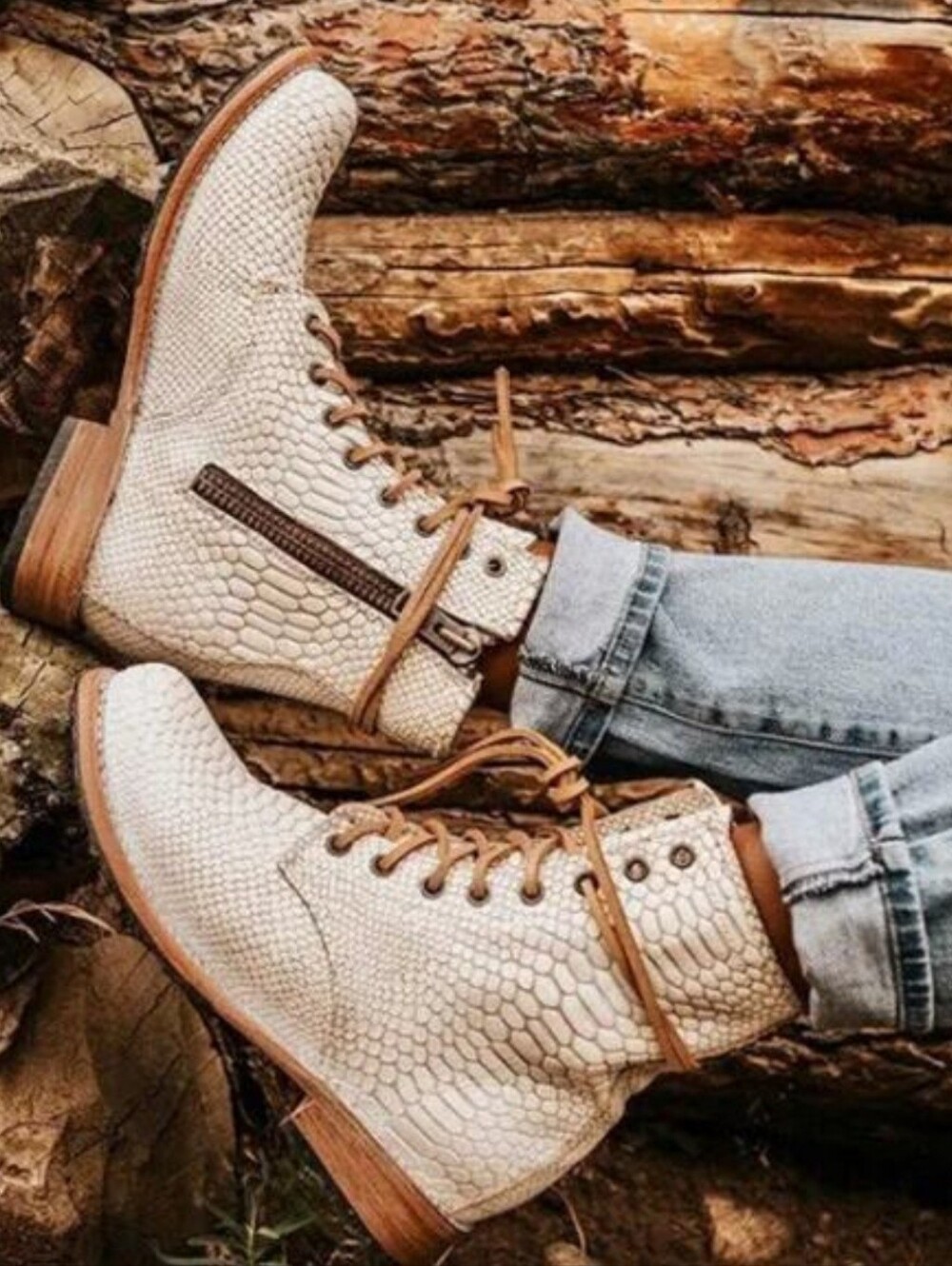 Freebird Croc Textured Cream Lace-Up Boots